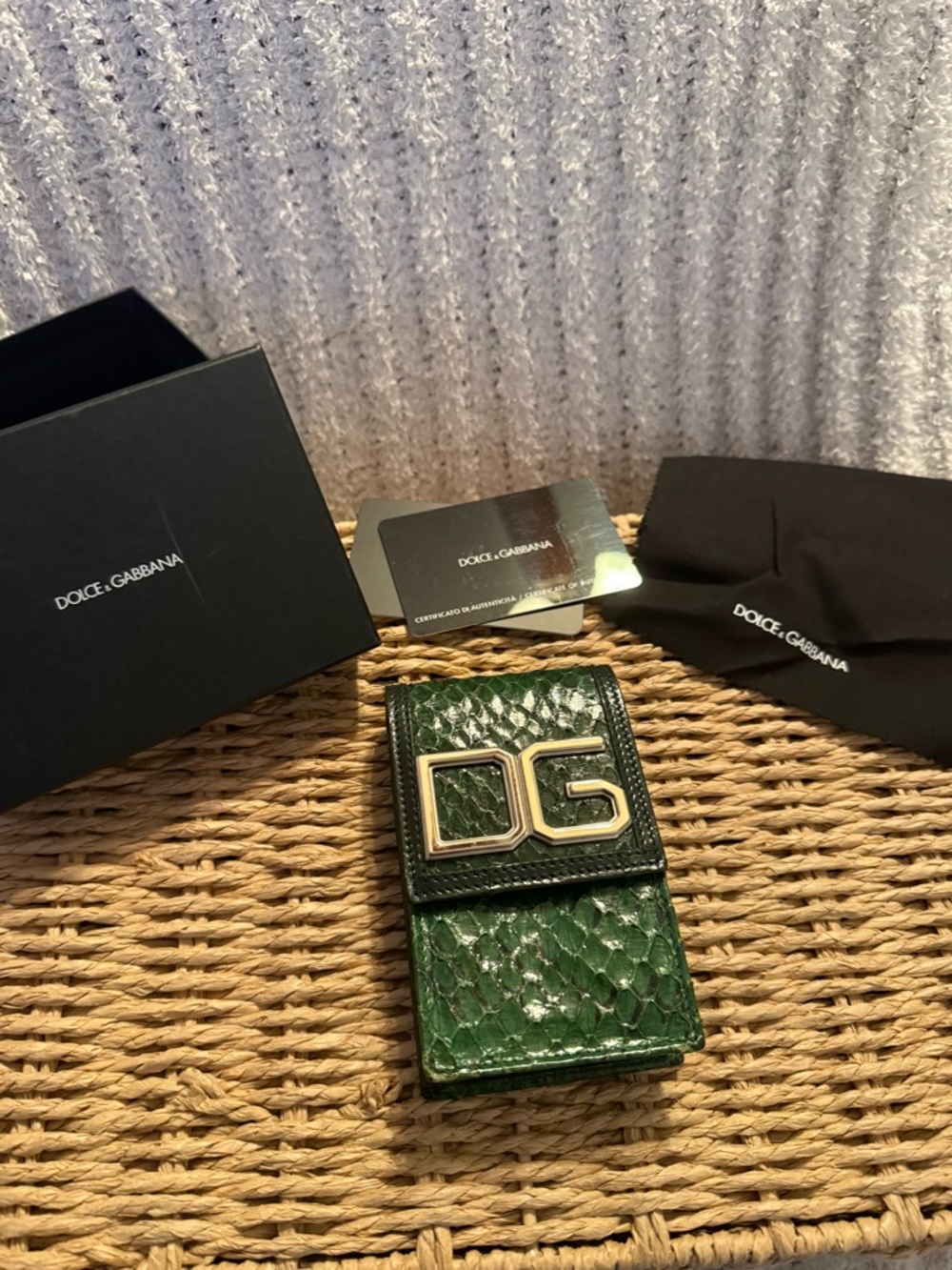 Dolce & Gabbana Emerald Green Snakeskin Card Sleeve with Gold Logo